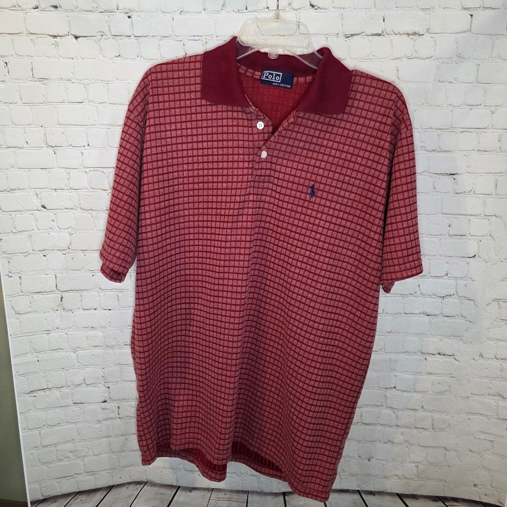 Polo Ralph Lauren Polo Shirt Mens Large Red Grid Good Vintage Short Sleeve Pony